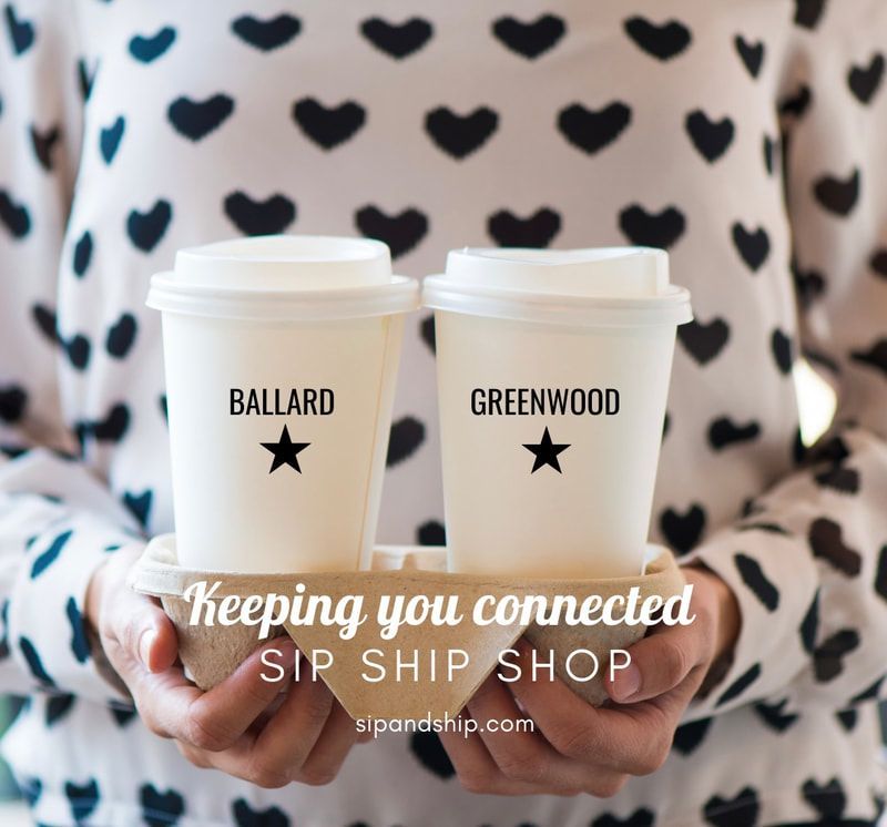 Two white to-go coffee cups labeled Ballard and Greenwood held in hands, with “Keeping you connected” text.