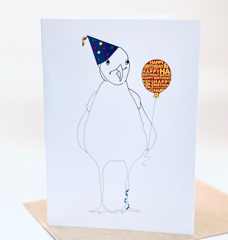 Line drawing of a cartoon figure in a blue party hat holding a yellow-orange balloon with text.
