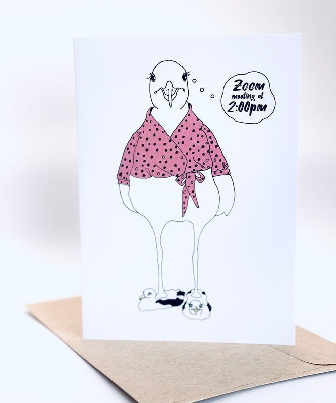 Cartoon penguin in a red polka-dot shirt, with a speech bubble saying “Zoom meeting 2:00 pm”.