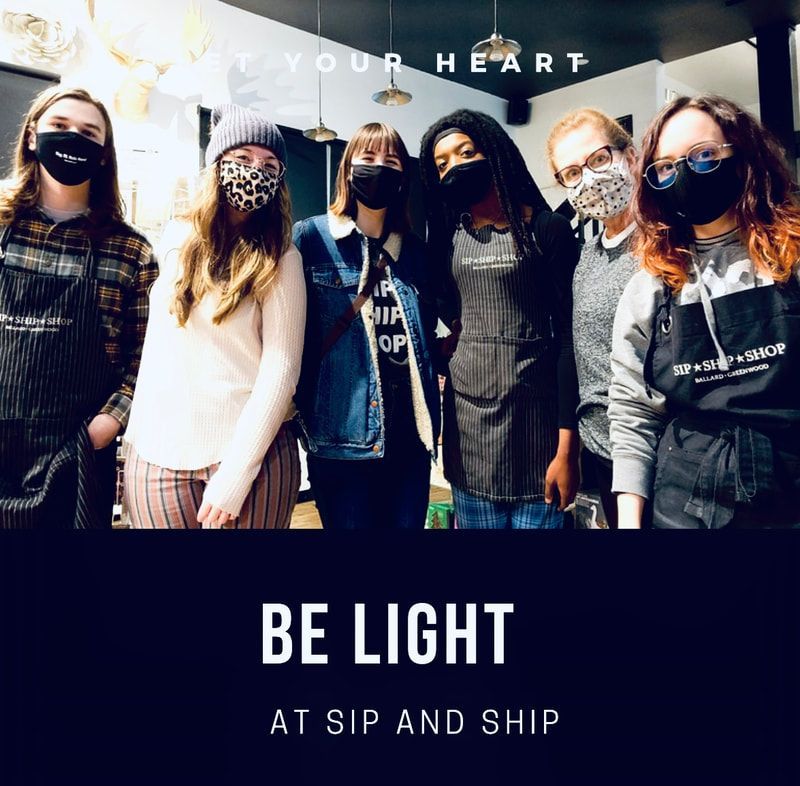 Five masked women pose together; text reads “BE LIGHT” and “AT SIP AND SHIP.”