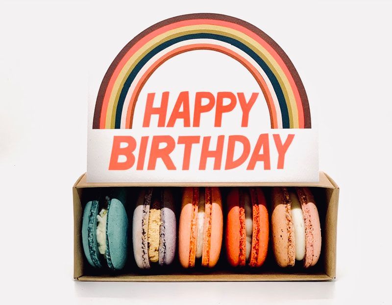 Rainbow “HAPPY BIRTHDAY” card above a box of colorful macarons