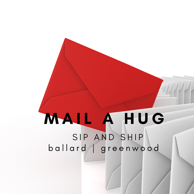 Red envelope logo with “MAIL A HUG” and “SIP AND SHIP ballard | greenwood” text on white background