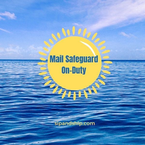 Yellow sun badge reading “Mail Safeguard On-Duty” over a blue ocean and sky background