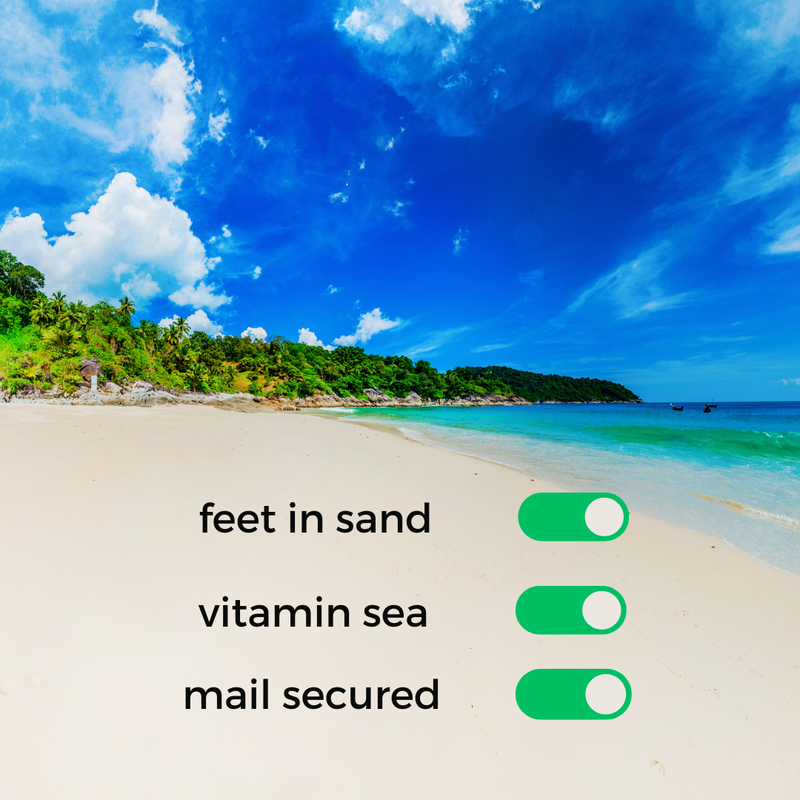 Tropical beach with turquoise water, blue sky, and three labeled toggle switches: feet in sand, vitamin sea, mail secured