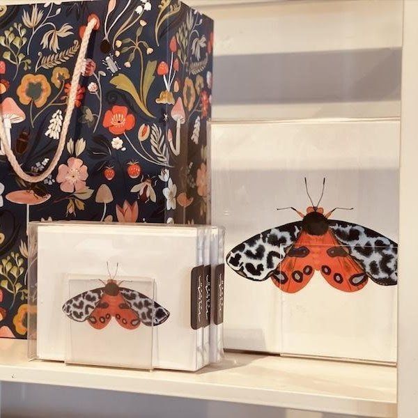 White and clear butterfly-themed boxes with orange-and-black butterfly art on a shelf