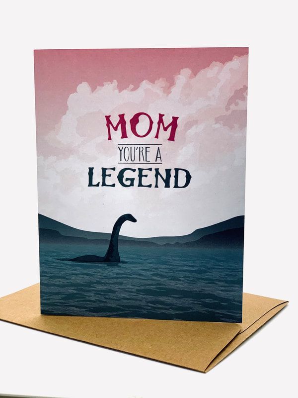 Mother's Day card reading “Mom, you’re a legend” with a sea monster illustration at sunset