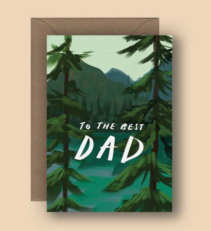 Greeting card reading “To the best DAD” with a painted forest and mountain scene in green tones