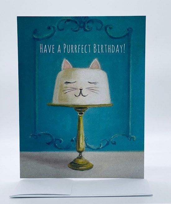 Birthday card with a cat-shaped lamp and the text “Have a purrfect birthday!”