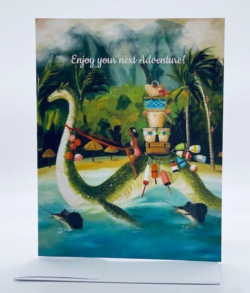 Tropical beach scene with palm trees, colorful stacked figures, and the words “Enjoy your next Adventure!”