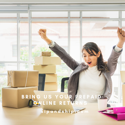 Woman in an office celebrating beside stacked boxes and a banner reading “Bring us your prepaid online returns”