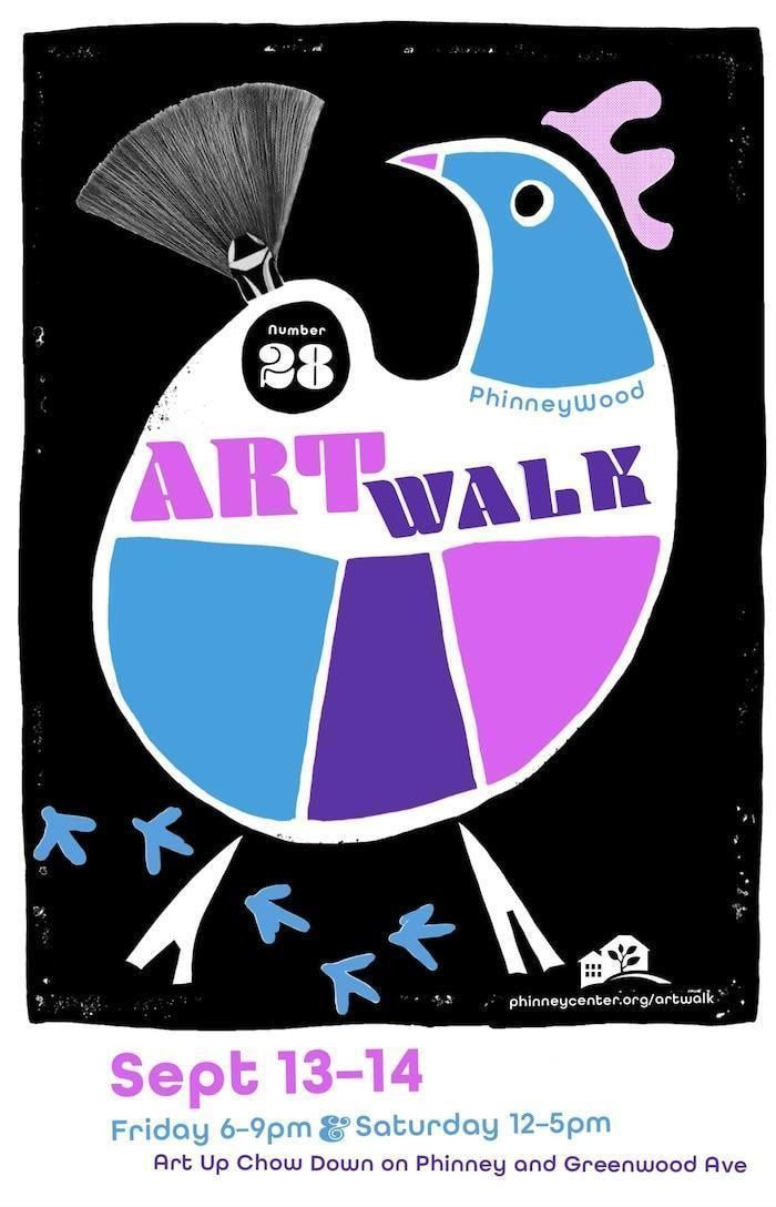 ART WALK poster with colorful bird illustration on black background, Sept 13–14 event details at bottom