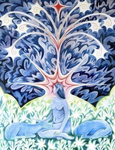 Blue-toned surreal artwork of a seated figure with two white wolves beneath a fiery tree canopy