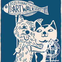 Blue poster for the 2021 PhinneyWood Art Walk with two cats and a Ferris wheel illustration