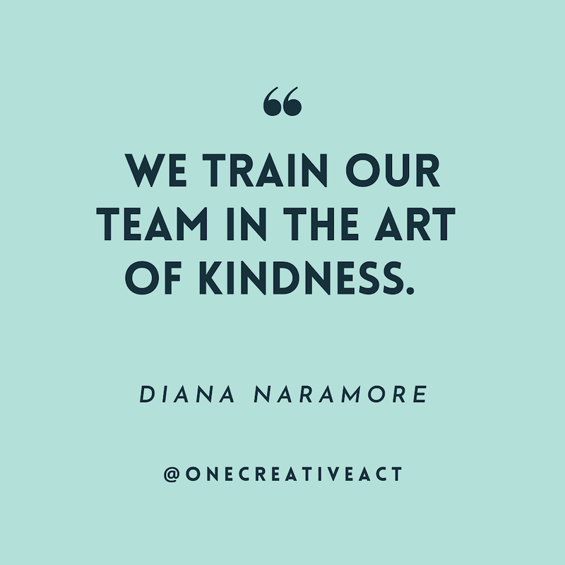 Quote on light blue background: “We train our team in the art of kindness.”