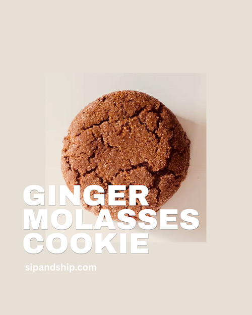 Ginger molasses cookie on a beige background with bold white text overlay.