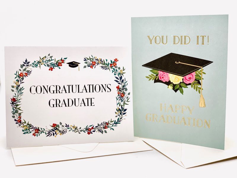Graduation cards: floral “Congratulations Graduate” and mint “You Did It” with cap and tassel