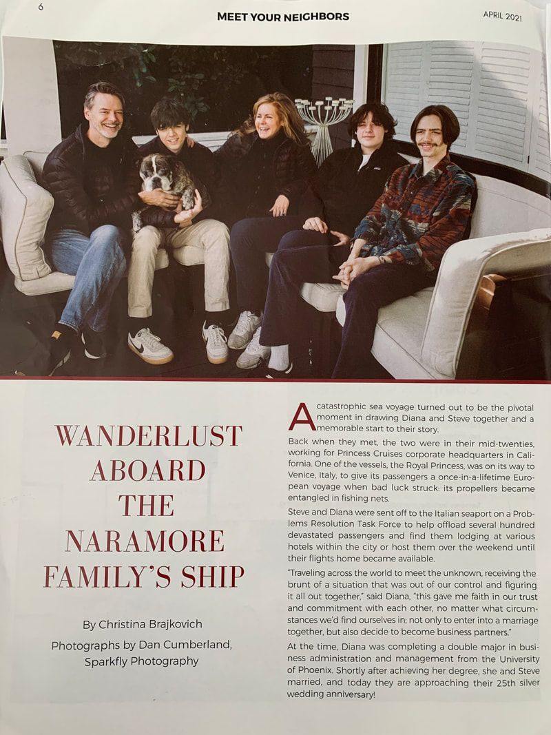 Family of five seated on a couch with a dog, shown in a magazine feature page.