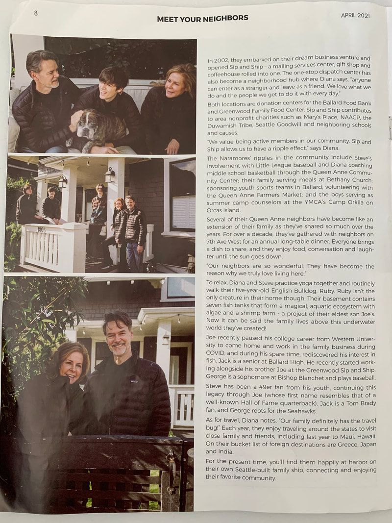 Magazine page with three family photos on the left and a block of text on the right