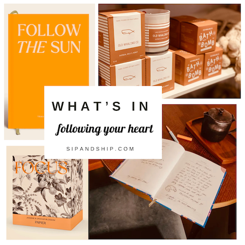 Collage of orange and white subscription box packaging with books and journal pages, titled “What’s in Following Your Heart”