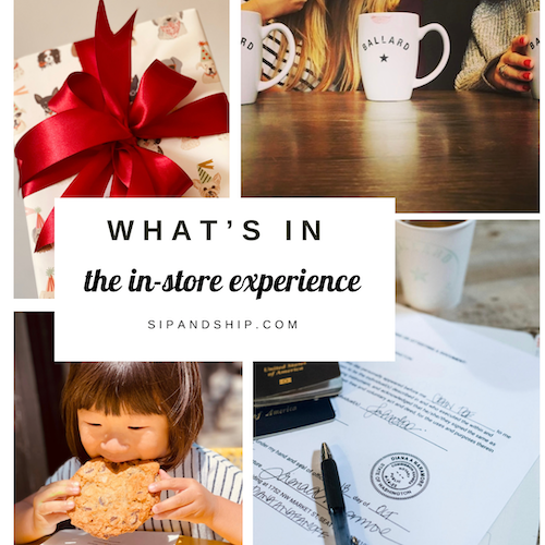 Collage of in-store shopping moments with gift wrap, mug, dessert, and product paperwork