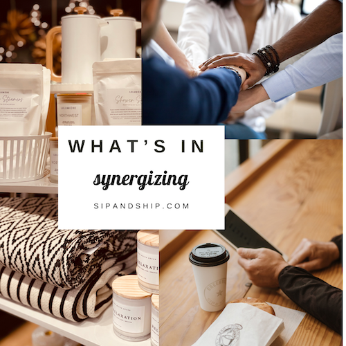 Collage of skincare products, hands in a teamwork handshake, and a tabletop coffee scene with “What’s in synergizing” text