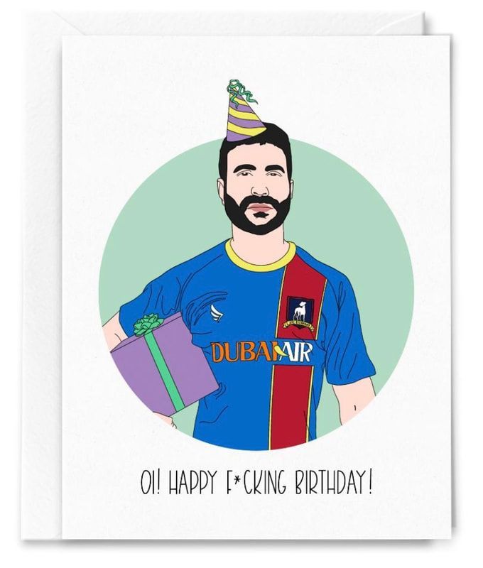 Cartoon footballer in a party hat holding a gift, with “OH HAPPY F*CKING BIRTHDAY!” text below