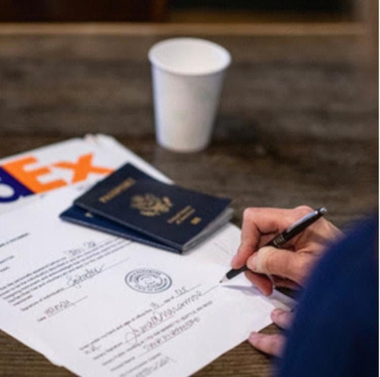 Person signing a document beside a passport, FedEx envelope, and white cup on a wooden table