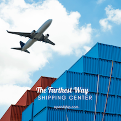 Cargo plane flying over stacked blue and red shipping containers with 
