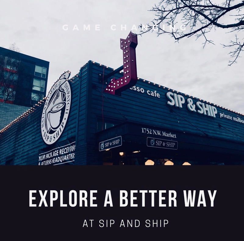 Storefront sign for Sip & Ship with “Explore a Better Way” slogan at dusk