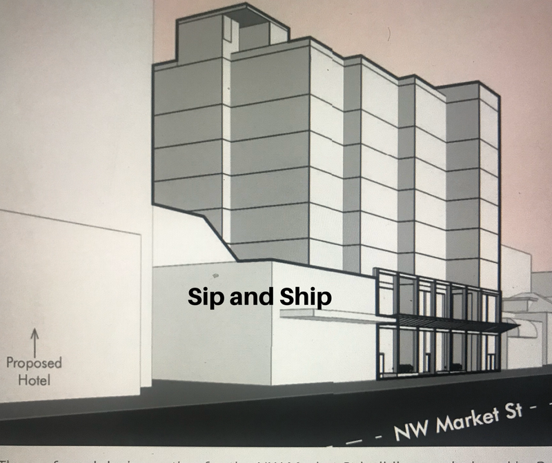 Architectural rendering of a multi-story building labeled “Sip and Ship” at NW Market St.