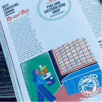 Magazine page with blue illustration of a person at a vending machine and a grid design beside text blocks
