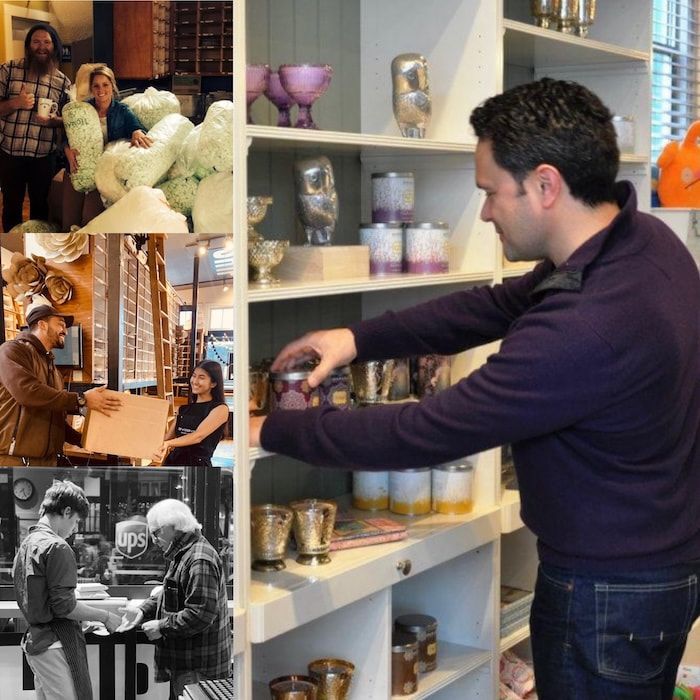 Collage of people arranging decorative items in a shop, including a man stocking shelves with candles and vases.