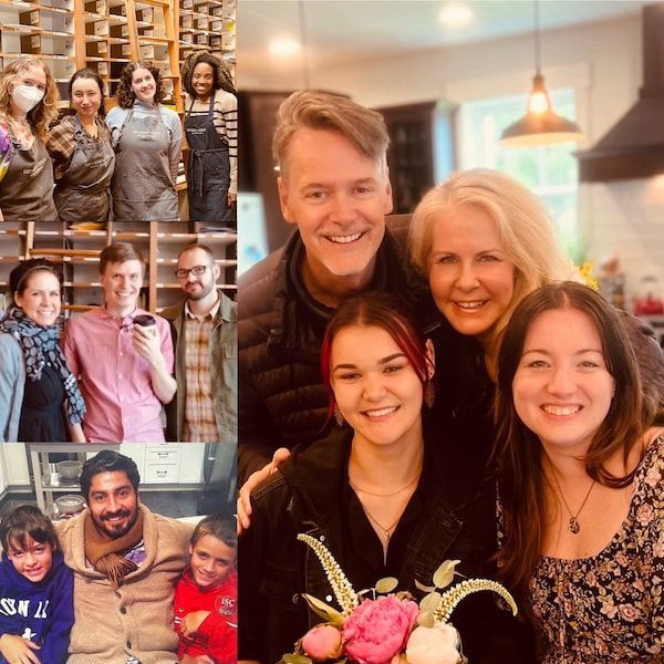 Collage of smiling family and friends in casual indoor photos, including a central group portrait holding flowers