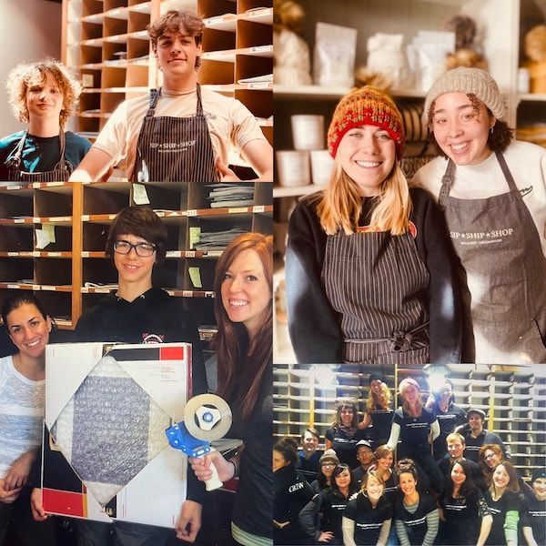 Collage of people in aprons posing in a kitchen or bakery, with shelves, cups, and a group photo.