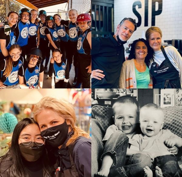 Four-photo collage of smiling people in team shirts, selfies, and black-and-white childhood photos