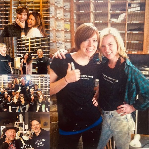 Collage of smiling people posing together at an indoor event, including group and close-up photos