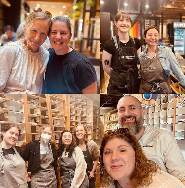Collage of smiling people posing together in a warm, indoor restaurant setting