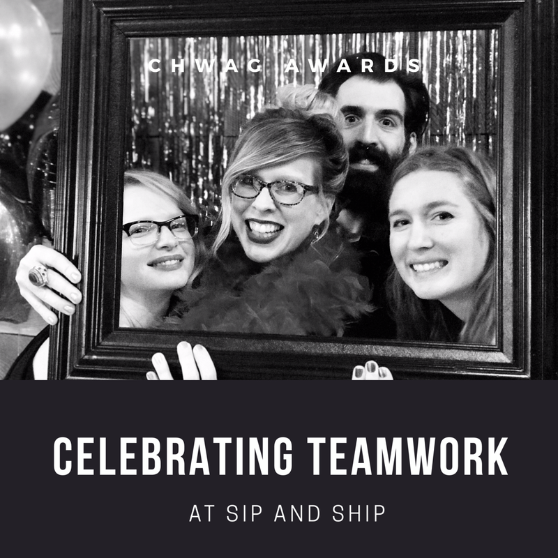Four smiling coworkers posing in a photo frame with “Celebrating Teamwork at Sip and Ship” text.