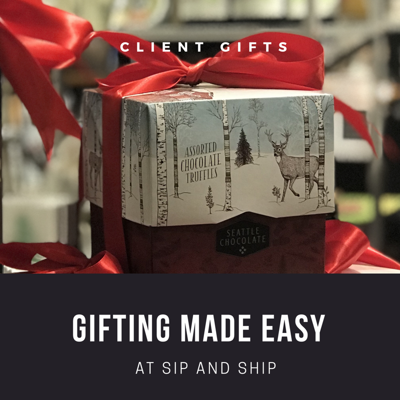 Gift box with red ribbon and “Gifting made easy” text for Sip and Ship client gifts