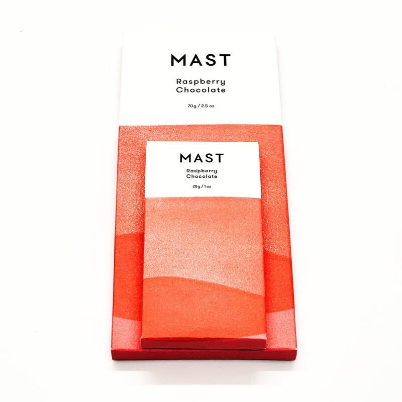 MAST raspberry chocolate bar in red-orange wrapper on a white background