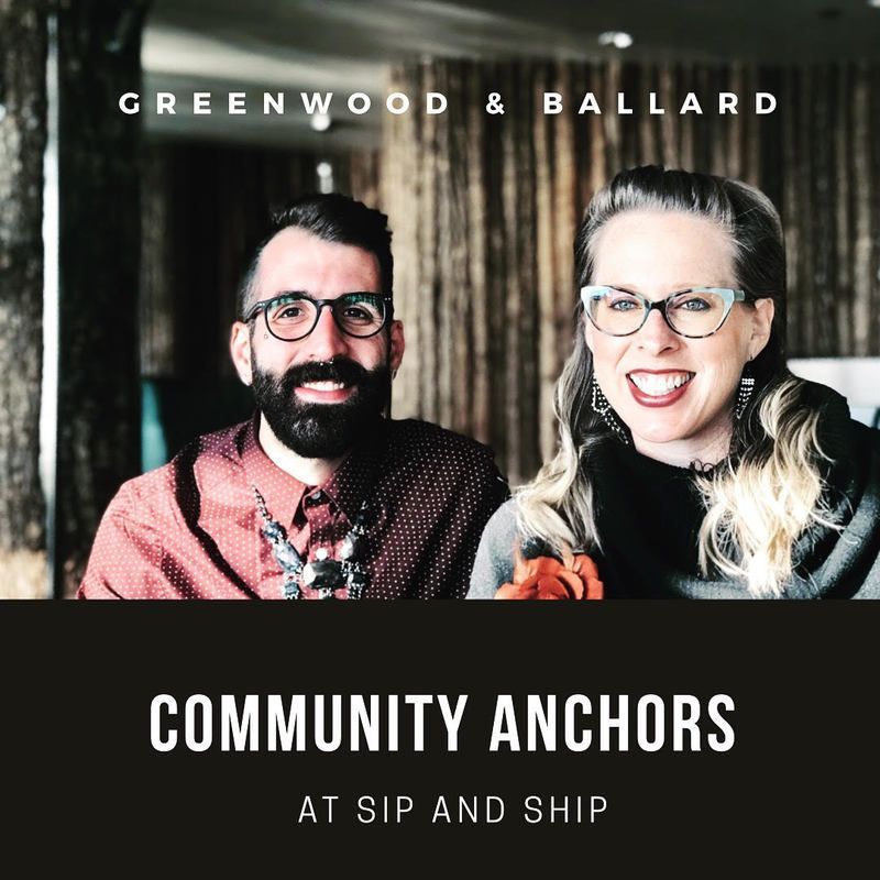 Two smiling hosts in a podcast-style promo for Community Anchors at Sip and Ship