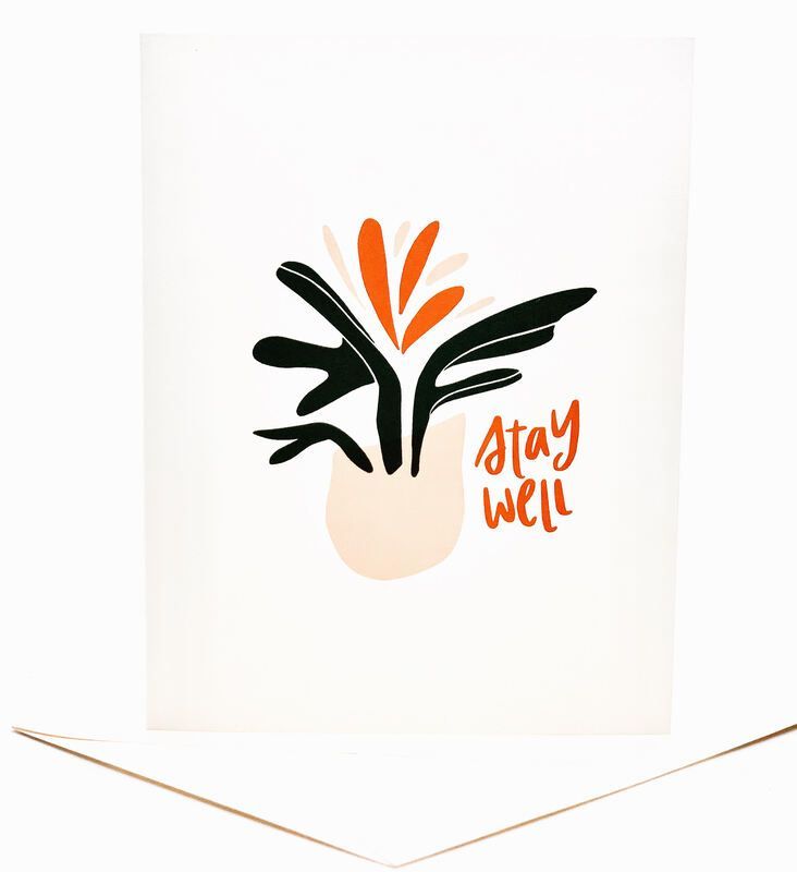 Stylized plant logo in black and orange with the words “Stay well” on a light background
