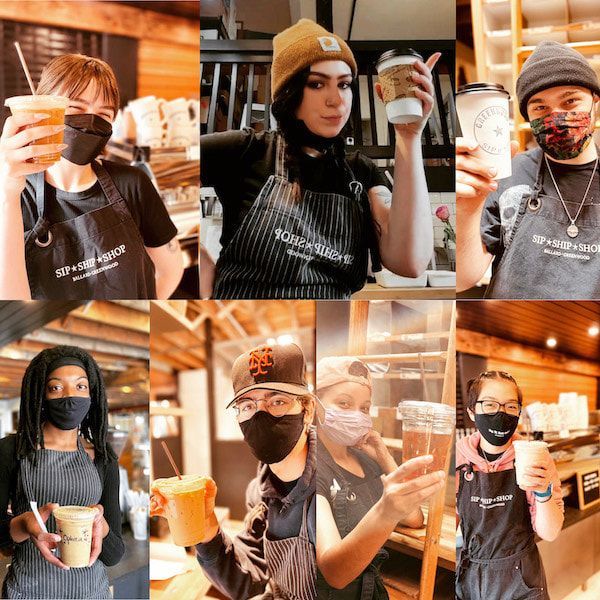Baristas in masks holding coffee drinks in a café collage