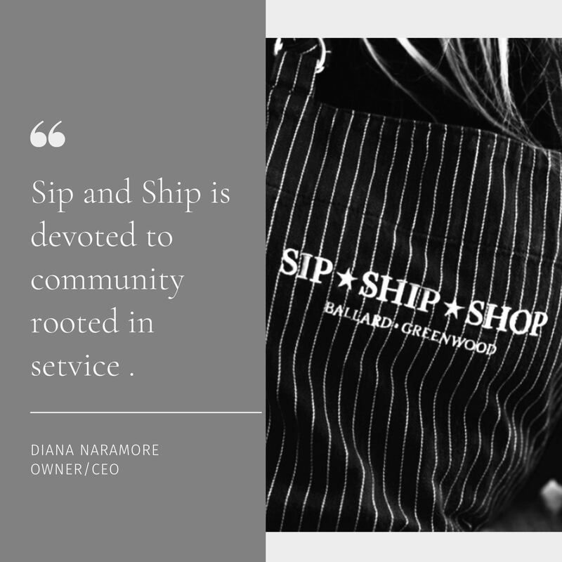 Black-and-white Sip+Ship Shop branding with quote about community service and striped apron