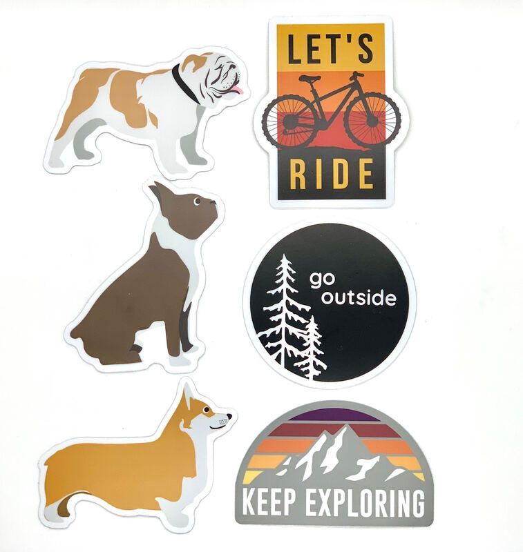 Five outdoor-themed stickers: bulldogs, 