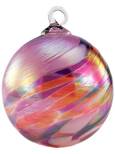 Round glass Christmas ornament with pink, purple, and gold swirls and a silver cap