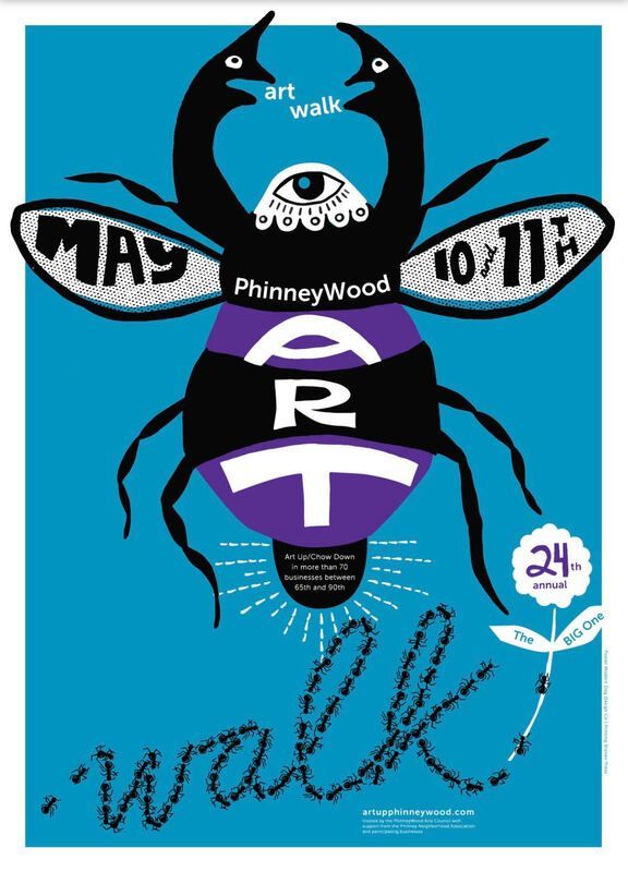 Blue poster of a stylized beetle with “ART” on its body, “May 10–11th,” and “walk” at the bottom.