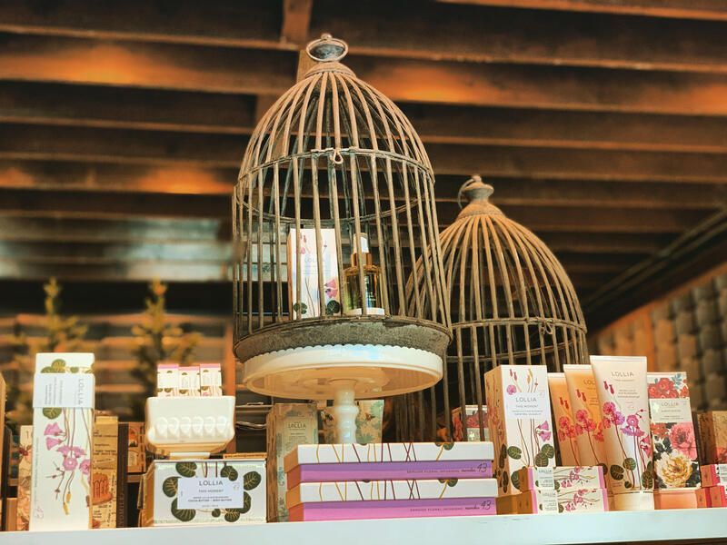 Decorative birdcages displayed above colorful packaged gifts on shelves