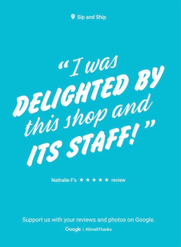 Turquoise review graphic with quote: “I was delighted by this shop and its staff!”