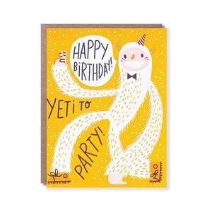 Yellow birthday card with a white yeti holding a party hat, saying “Happy Birthday! Yeti to Party!”